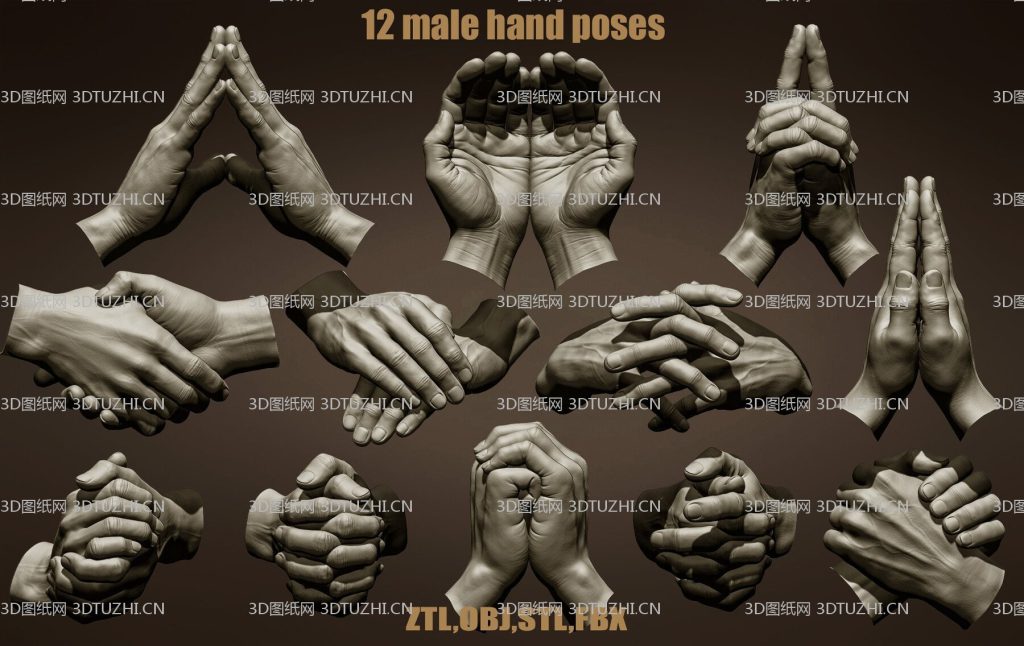 男性手部手势图纸12款-3D图纸网