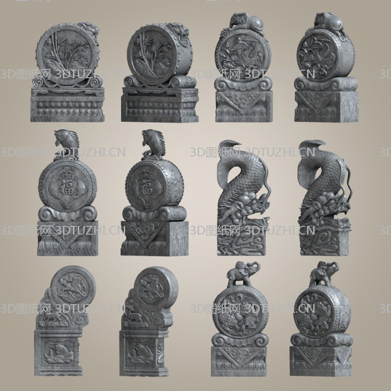 中式抱鼓石雕门墩石墩-3D图纸网