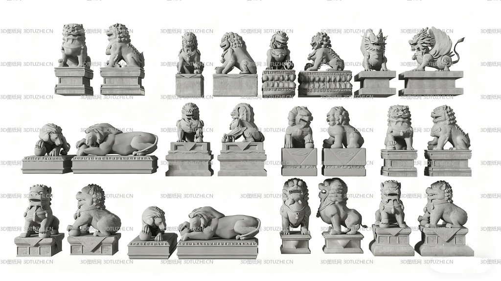 石狮子石雕模型-3D图纸网